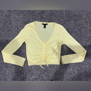 Forever 21 Yellow Lace Trim Ribbed Knit Tie Front Top Size S